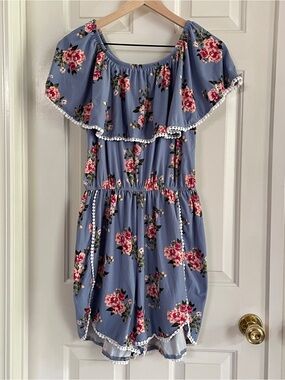 Love Mood Blue Floral Off Shoulder Romper Pom Pom, Plus Sz 1x